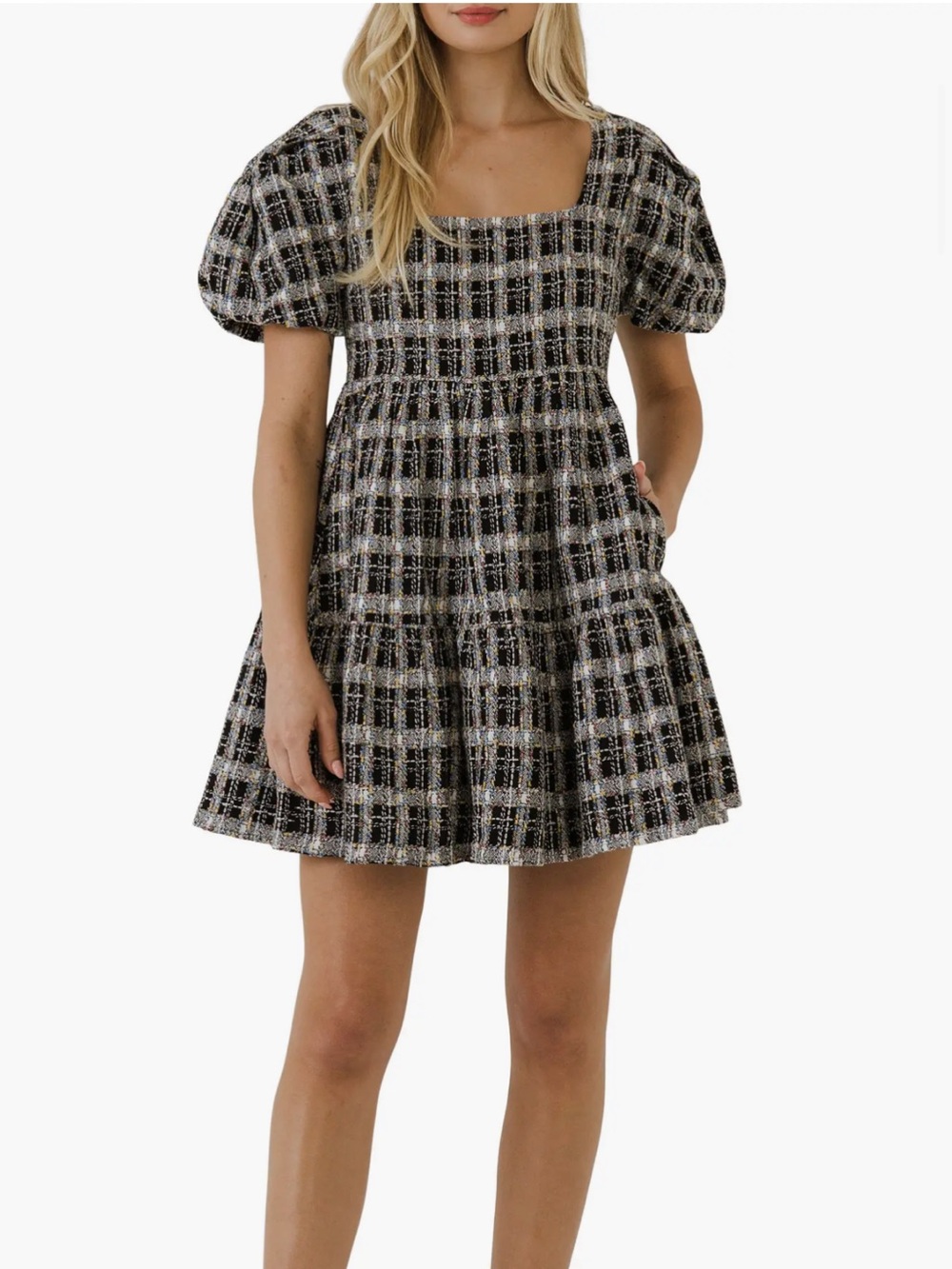 English Factory Black & Cream Plaid Puff Sleeve Smocked Mini Dress